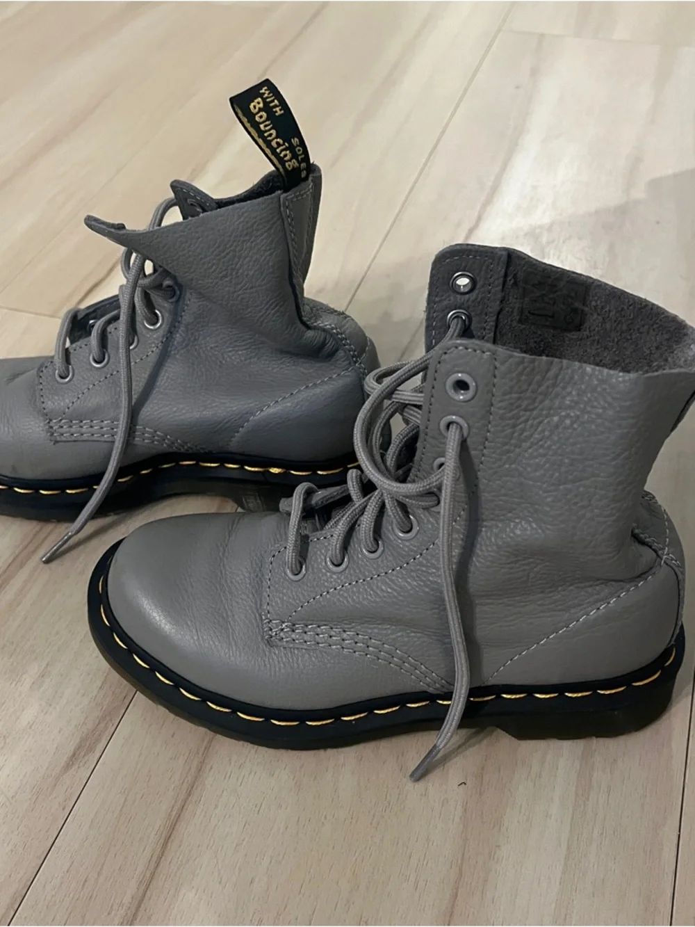 Women’s Doc Martens - Gray Leather Lace-Up Boots with Yellow Stitching - Picture 2 of 4